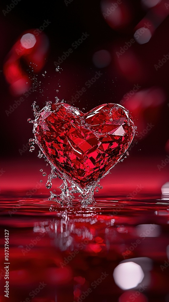 A heart-shaped diamond splashes into water on a red and black background with light boke A heart-shaped diamond splashes into water on a red and black background with light boke
