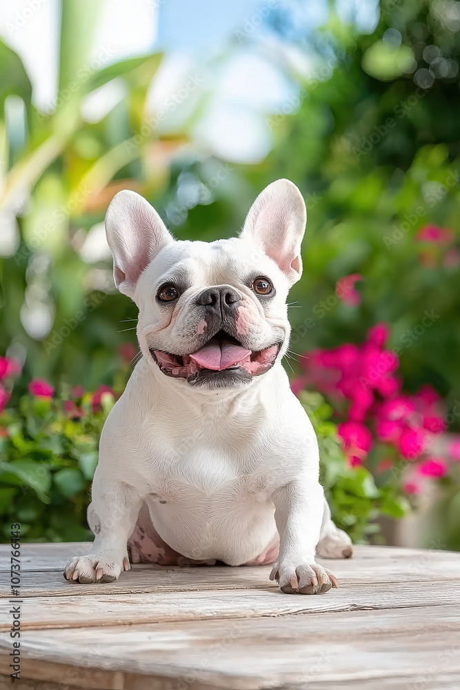 Features small white french bulldog happy - expression sitting wooden Features small white french bulldog happy - expression sitting wooden