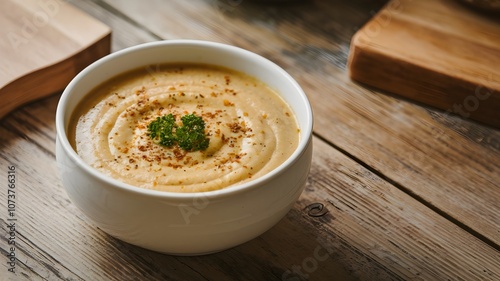 Creamy soup with parsley, wooden table, space for text