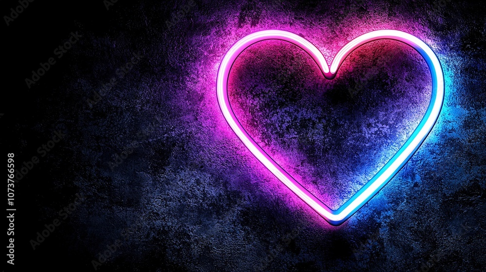   A red and blue neon heart sign glows on a dark wall