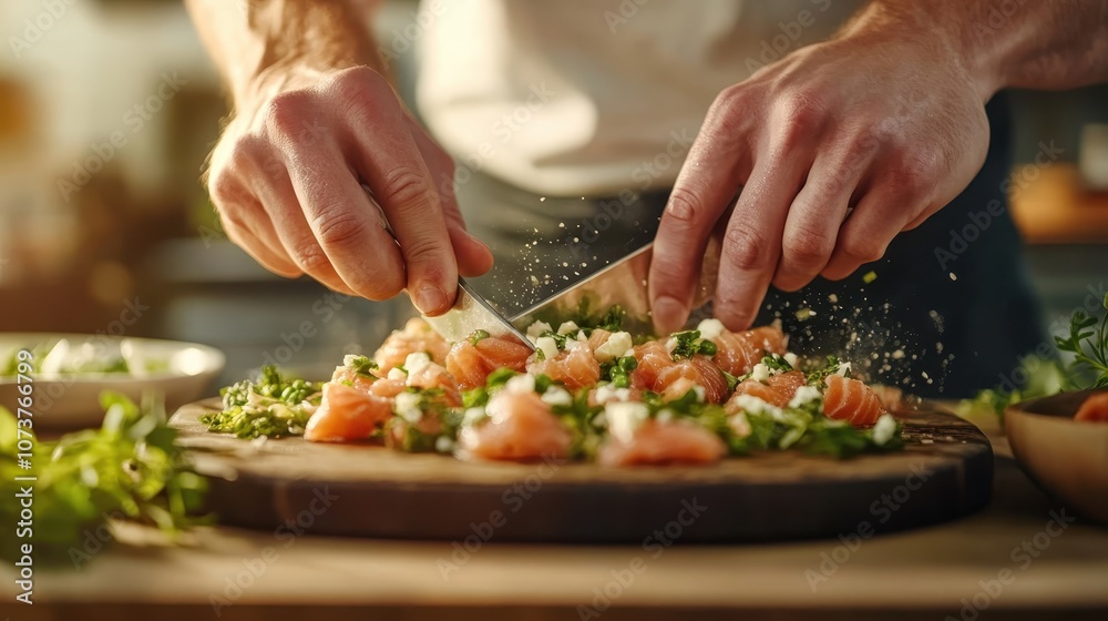 A skilled chef’s hands expertly chop fresh salmon and herbs on a wooden board, depicting precision, skill, and culinary artistry in a warmly lit kitchen setting. A skilled chef’s hands expertly chop fresh salmon and herbs on a wooden board, depicting precision, skill, and culinary artistry in a warmly lit kitchen setting.