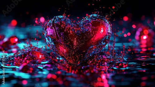   Heart-shaped object afloat on body of water; droplets adorning base photo