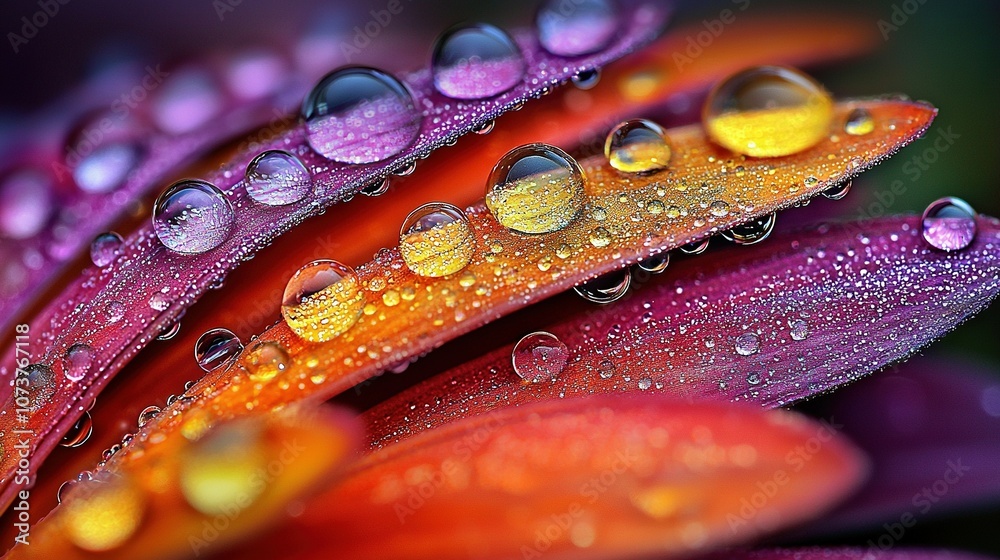 Fototapeta premium A macro shot of a bloom adorned with dewdrops, featuring an orange and purple center