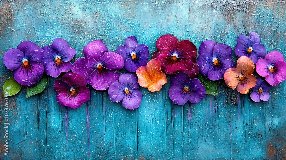 A painting depicts vibrant purple and orange pansies set against a blue background, with water droplets adorning the petals A painting depicts vibrant purple and orange pansies set against a blue background, with water droplets adorning the petals