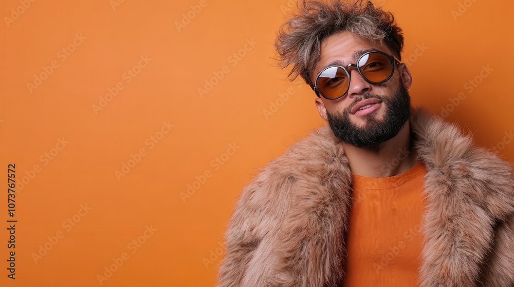 A stylish man with sunglasses wearing a fur coat, posing confidently against an orange background, representing fashion-forward statements in a trendy and bold style.