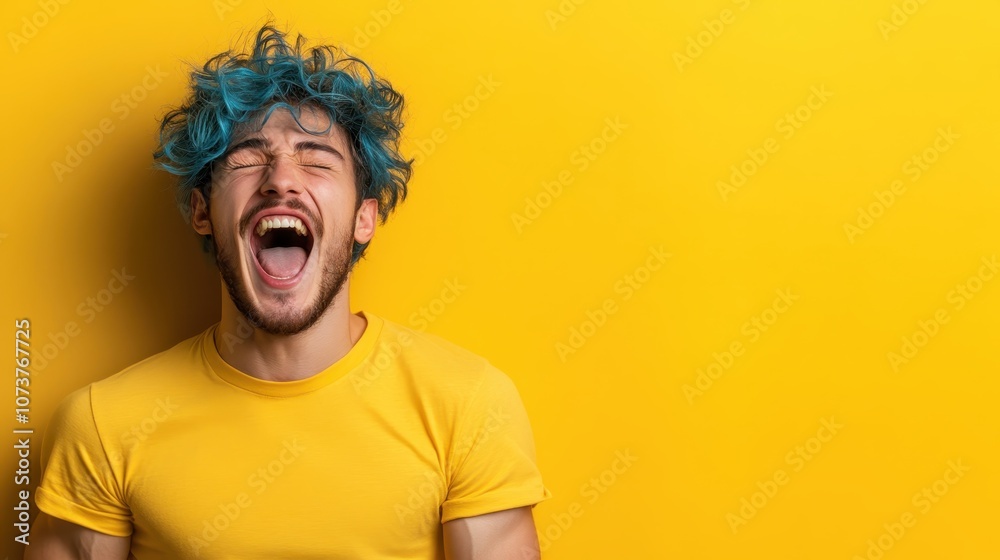 A young man with vibrant blue hair, dressed in yellow, passionately shouting with closed eyes against a bright yellow backdrop, exuding pure joy and excitement. A young man with vibrant blue hair, dressed in yellow, passionately shouting with closed eyes against a bright yellow backdrop, exuding pure joy and excitement.
