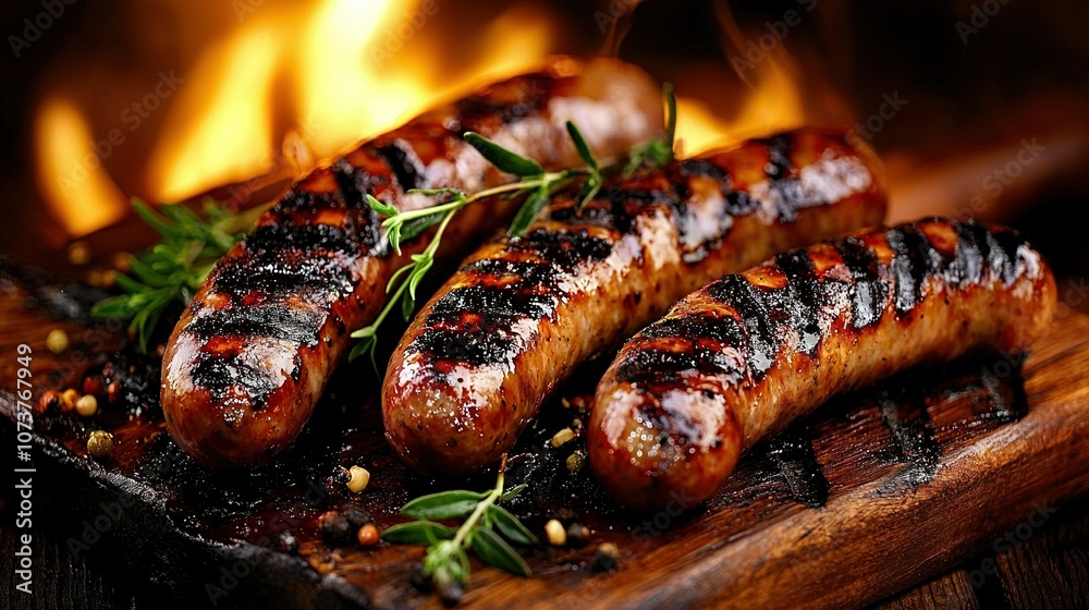 Two sausages rest on a wooden board near a blazing hearth Two sausages rest on a wooden board near a blazing hearth