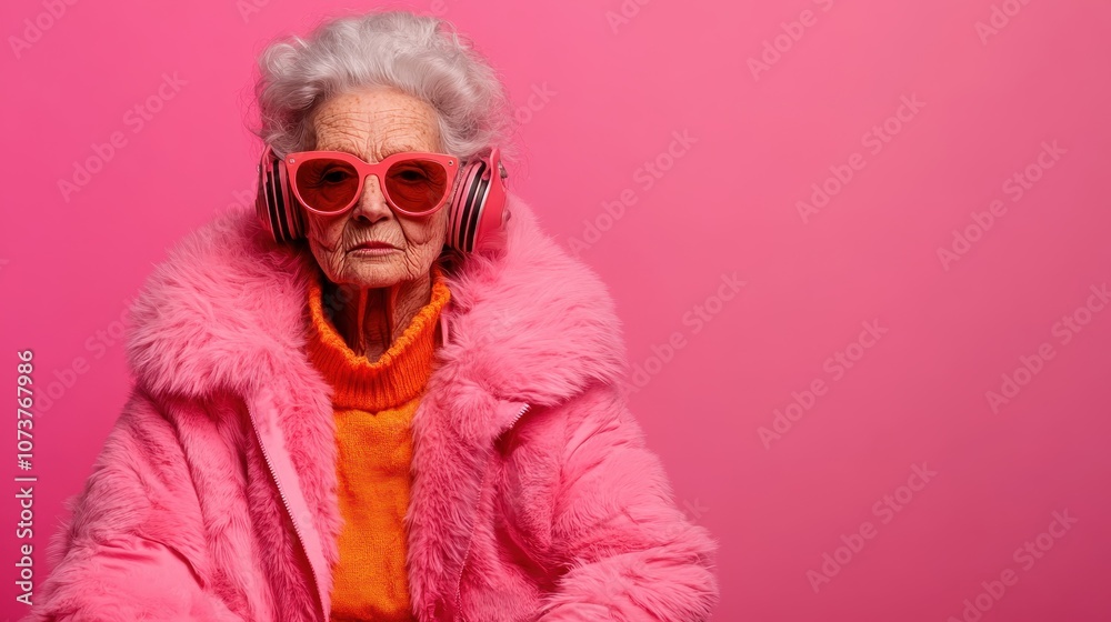 An elderly woman exudes elegance wearing a bright pink coat and stylish headphones; her expression serene against a plain pink background symbolizing comfort. An elderly woman exudes elegance wearing a bright pink coat and stylish headphones; her expression serene against a plain pink background symbolizing comfort.