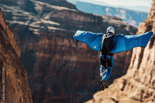 A skydiver performing a wingsuit flight before deploying a parachute over a rocky canyon. photo