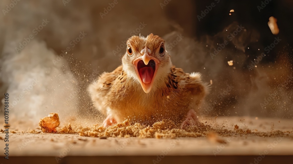 A startled bird creates an energetic cloud of dust as it springs into motion, leaving a dramatic trail amidst the earthy backdrop of its environment. A startled bird creates an energetic cloud of dust as it springs into motion, leaving a dramatic trail amidst the earthy backdrop of its environment.