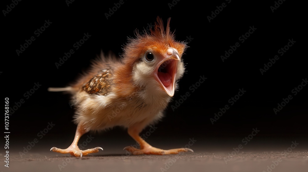 A tiny chick, full of energy and vitality, stands with its beak wide open chirping against a dark background, symbolizing new life and eager expression of youth. A tiny chick, full of energy and vitality, stands with its beak wide open chirping against a dark background, symbolizing new life and eager expression of youth.