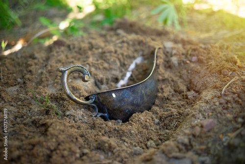 Antique silverware sticks out of the ground.Find antique items.Treasure hunt.Treasure hunters.