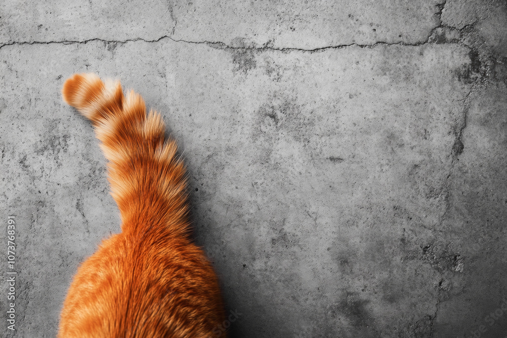 Ginger cat on a gray background, top view. Cat's tail Ginger cat on a gray background, top view. Cat's tail