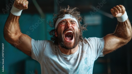 An athletic man with wild hair and a white headband shouts with triumph, arms raised, exuding intense energy and victory in a lively, active setting. photo