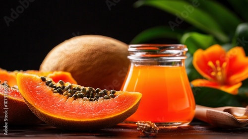   A glass jar brimming with orange juice positioned beside a segmented orange and an entire orange resting atop a table