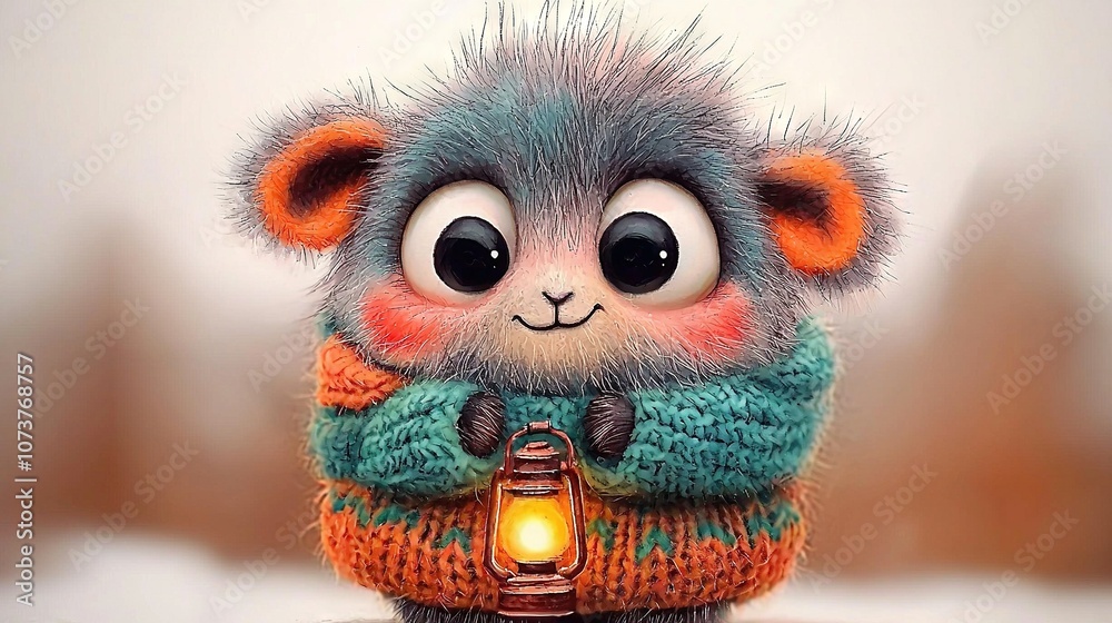 A knitted monkey with a lantern on its chest and a light in its pocket A knitted monkey with a lantern on its chest and a light in its pocket