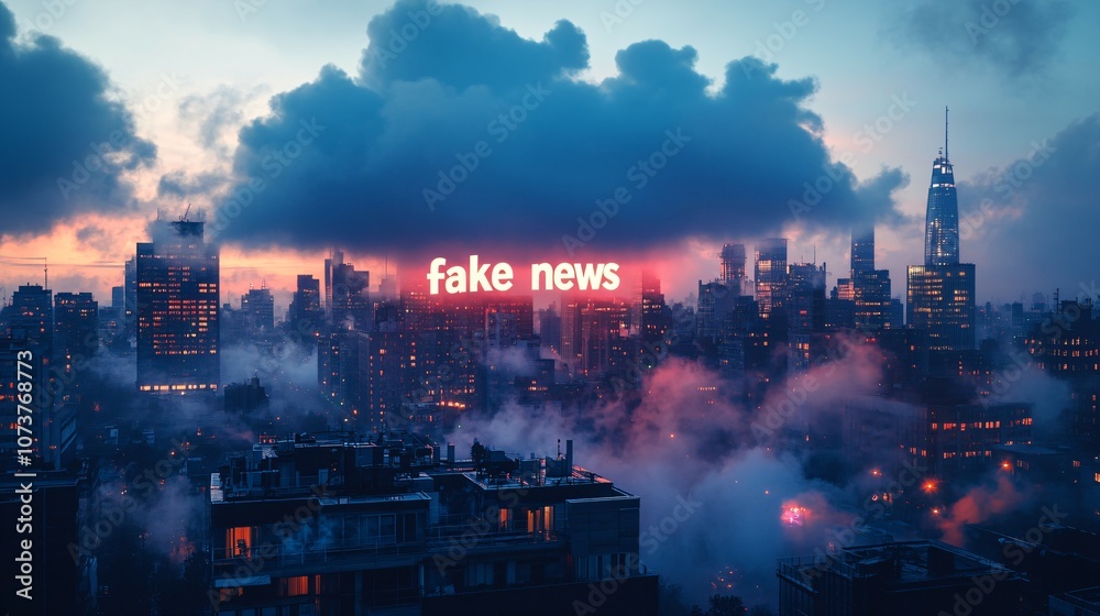 Dark cloud labeled fake news over a city skyline, symbolizing the spread of disinformation. Dark cloud labeled fake news over a city skyline, symbolizing the spread of disinformation.