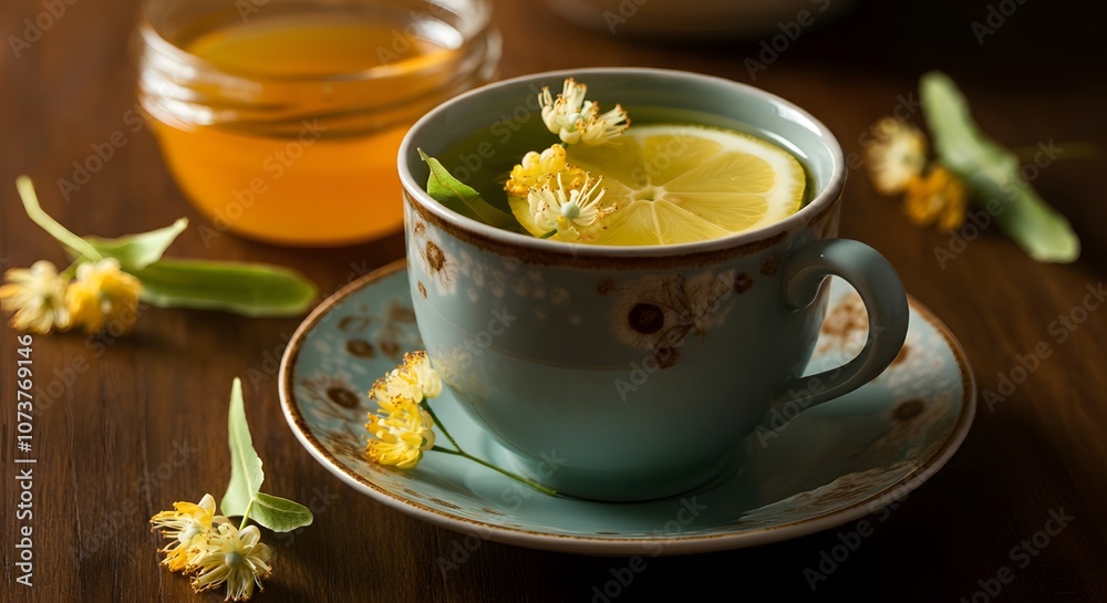 Cup of herbal tea with linden flowers, honey and lemon Cup of herbal tea with linden flowers, honey and lemon