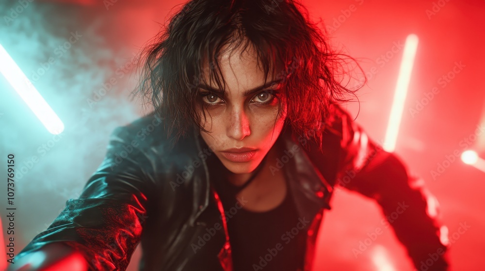 Naklejka premium An intense woman with tousled hair displays determination and energy in a dynamic environment, surrounded by dramatic neon lighting of red and cyan hues.