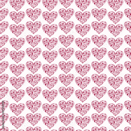 Seamless pattern with hearts in vintage style. Festive ornament, elegant swirls. For wallpapers, backgrounds, invitations. Valentine's Day. Red hearts on a light background