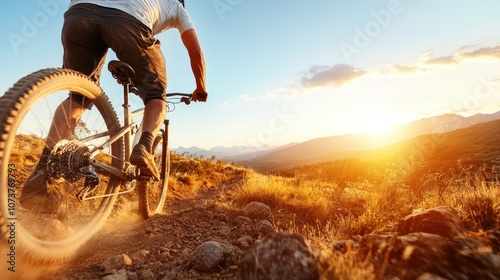 A mountain biker's silhouette framed against a stunning sunset over rugged terrain, emphasizing the spirit of adventure and solitude in expansive natural landscapes.