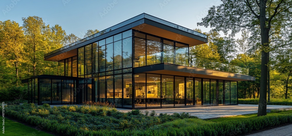 Modern glass house with a wooden roof and large windows overlooking a lush green lawn. Modern glass house with a wooden roof and large windows overlooking a lush green lawn.
