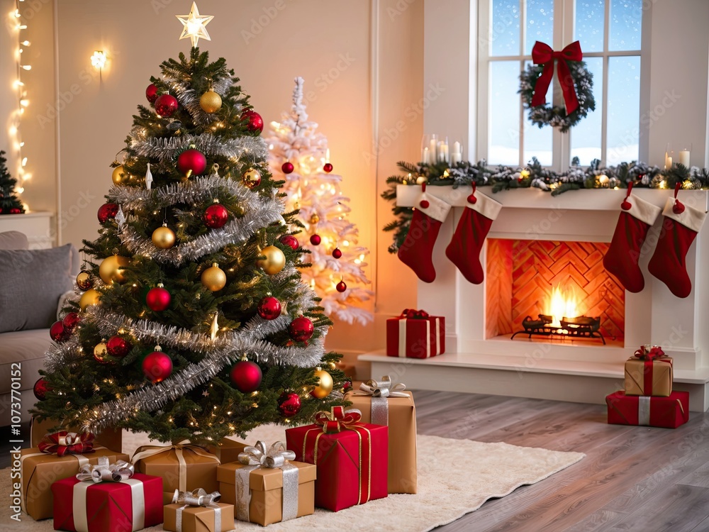 A cozy Christmas scene with a glowing tree and warm fireplace A cozy Christmas scene with a glowing tree and warm fireplace