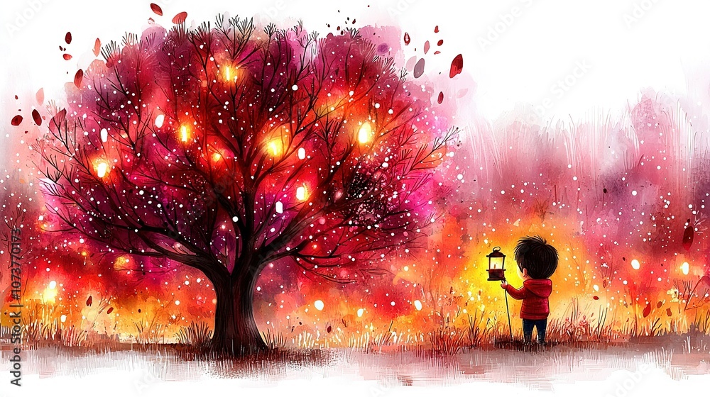 Fototapeta premium A young girl cradles a fire hydrant against a rustling autumn tree with vibrant red and yellow foliage