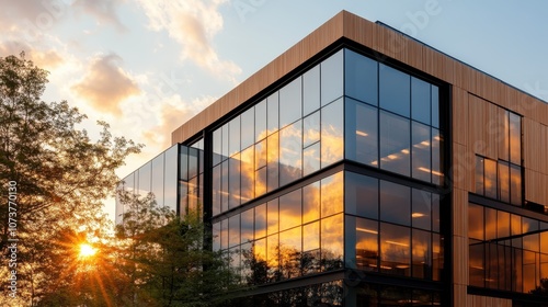 A contemporary building with large glass windows reflects the golden hues of a setting sun, creating an image that highlights modern architecture and natural beauty.