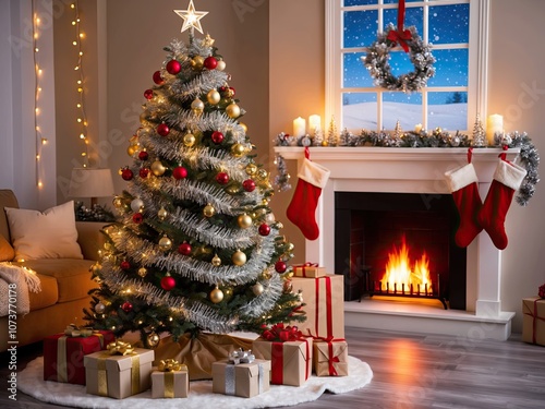A cozy Christmas scene with a glowing tree and warm fireplace