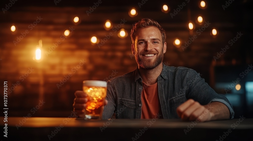 A cheerful man smiles while holding a beer glass in a warmly lit, cozy bar setting with decorative lights creating a relaxed ambiance. A cheerful man smiles while holding a beer glass in a warmly lit, cozy bar setting with decorative lights creating a relaxed ambiance.