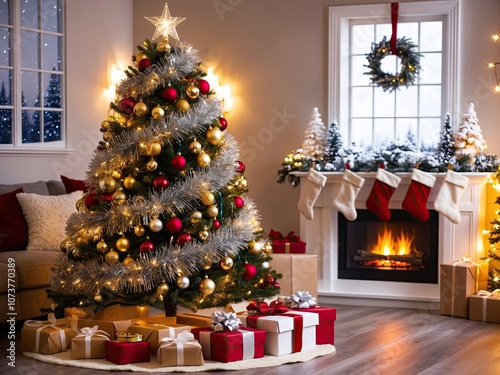A cozy Christmas scene with a glowing tree and warm fireplace