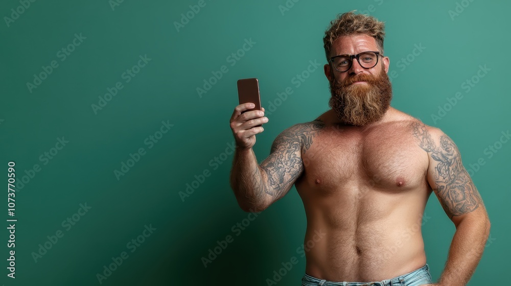 A tattooed and bearded man with glasses confidently poses for a selfie against a vibrant green background, showcasing hipster style and self-assurance. A tattooed and bearded man with glasses confidently poses for a selfie against a vibrant green background, showcasing hipster style and self-assurance.