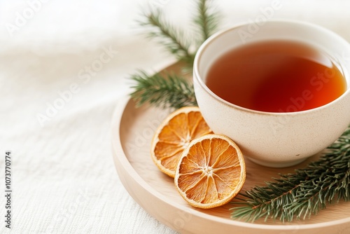 cup of tea with dried orange slices and pine sprigs on a wooden plate