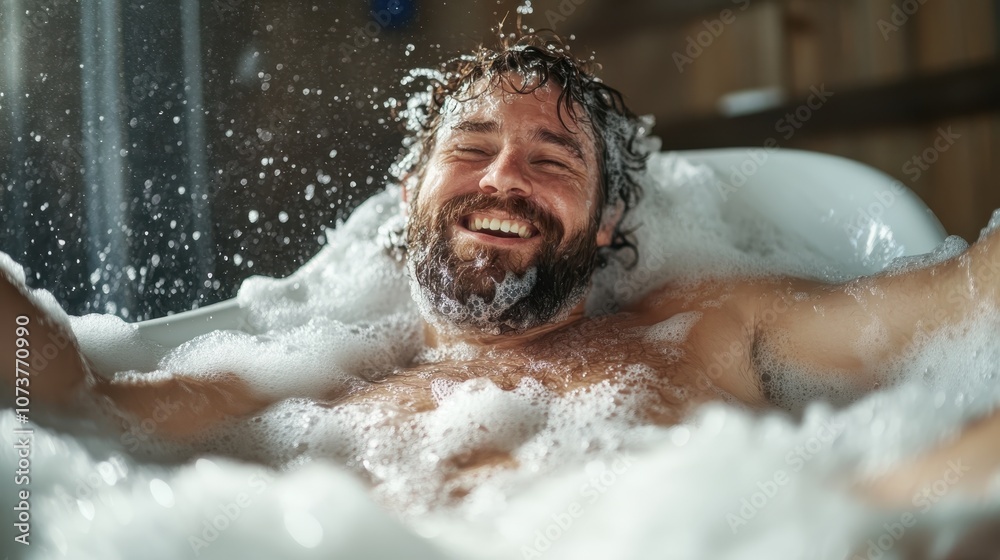 A bearded man lies back in a bathtub full of bubbles, smiling serenely and savoring a moment of peaceful relaxation in a softly lit bathroom atmosphere. A bearded man lies back in a bathtub full of bubbles, smiling serenely and savoring a moment of peaceful relaxation in a softly lit bathroom atmosphere.