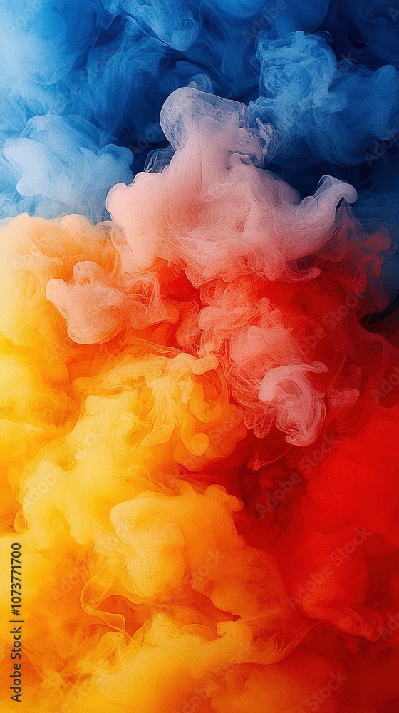 Fototapeta premium A red, yellow, and blue cloud of smoke on a white and black background with a blue sky in the background is a stunning photograph that captures the beauty of nature The use of vibr