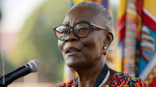 During a lively outdoor event, a woman with short gray hair and glasses passionately addresses the audience. Dressed in colorful cultural attire, she embodies confidence and commitment to her communit photo