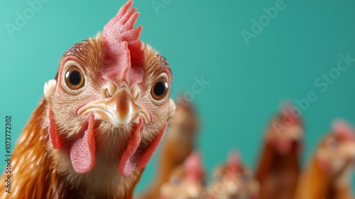 A captivating close-up of a curious chicken with bright eyes against a vibrant blue backdrop, highlighting the chicken's inquisitive nature and characterful presence. photo