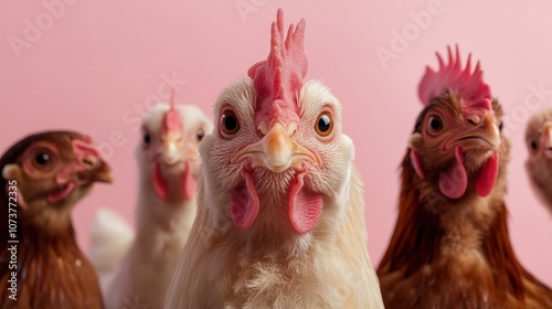 A group of chickens showcases individuality with one standing prominently in front, set against a soft pink background, highlighting diversity and camaraderie in nature.