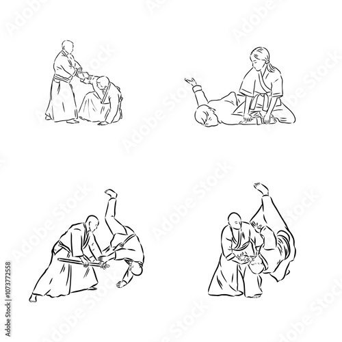 Aikido combat between athletes, stylized vector illustration