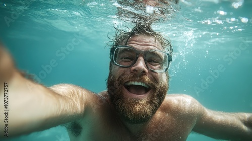 A humorous underwater selfie of a cheerful man with a beard and glasses, capturing a joyful moment with a big smile, exuding playfulness and excitement. photo