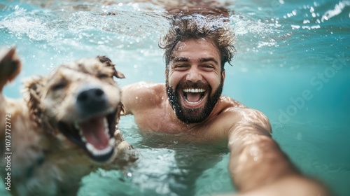 A joyful image of a man with a beard laughing heartily alongside his dog underwater, capturing the delight and companionship in a playful aquatic scene. photo