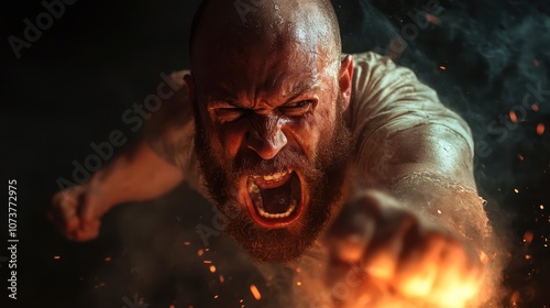 A fierce man lets out a powerful yell amidst a rain of fiery sparks, illustrating raw emotion and primal energy with intense focus and fervent power. photo