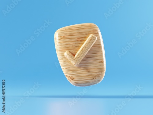 A wooden check mark icon floating against a soft blue background, symbolizing approval and completion. photo