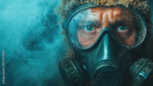 A rugged man dons a gas mask surrounded by a swirling smoky atmosphere, illustrating themes of survival, protection, and a gritty connection to the environment. photo