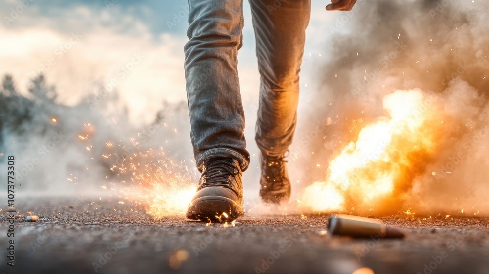 A person in denim jeans and boots strides away from an intense explosion, symbolizing resilience and courage, surrounded by sparks and billowing smoke in a dynamic scene. A person in denim jeans and boots strides away from an intense explosion, symbolizing resilience and courage, surrounded by sparks and billowing smoke in a dynamic scene.