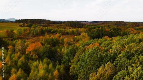 Blue Ridge Mountains, Georgia Drone flyover of mountain forest of trees changing colors in Chattahoochee-Oconee National Forest. photo