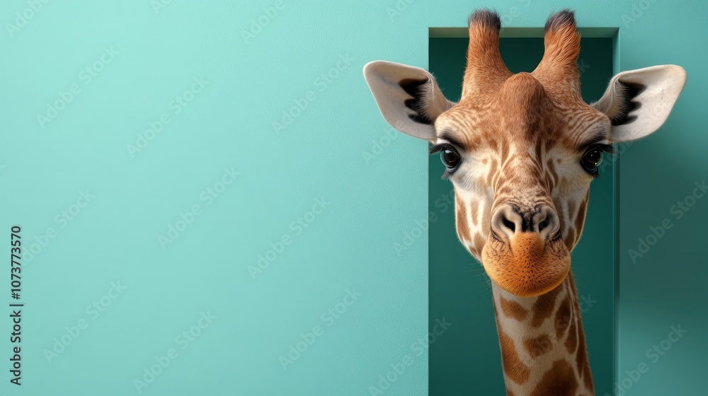 Fototapeta premium A curious giraffe peers through a tight teal doorway, presenting a playful yet minimalist scene that contrasts nature with human-made structures.