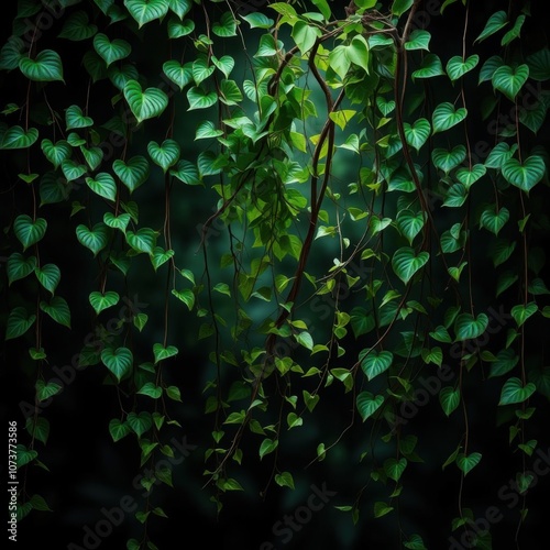 Set of vine / climbing plants  green leaves of hanging epipremnum aureum / araceae bush isolated  nature  forest  tropical jungle element  video compositing footage frame christmas isolated photo