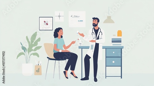 Illustrated doctors discussing patient case in modern office.